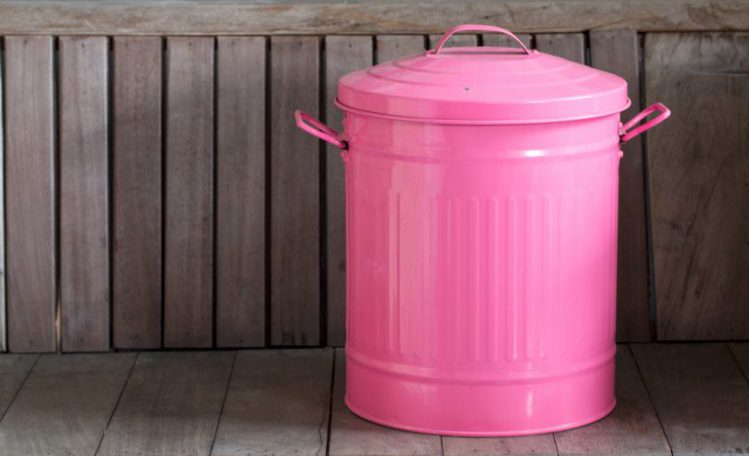 ウッドデッキに置かれたピンクの蓋つきゴミ箱