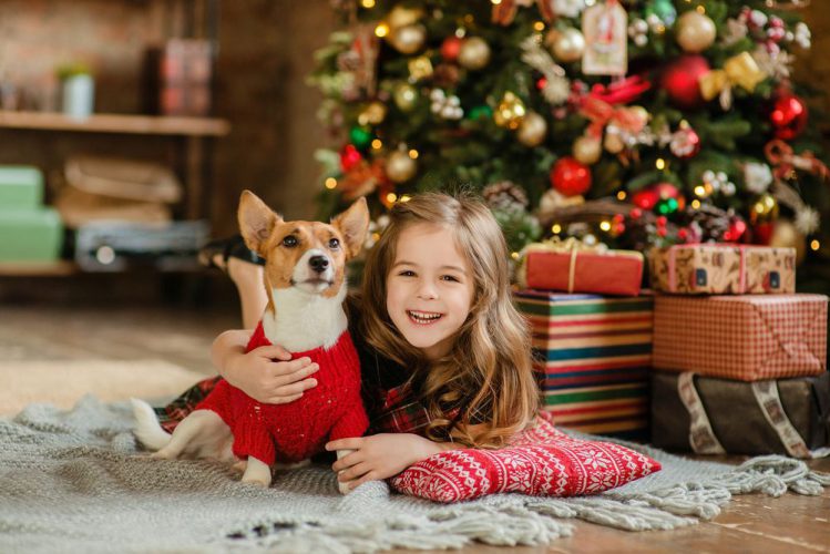 犬と少女の横にプレゼントが積まれている様子